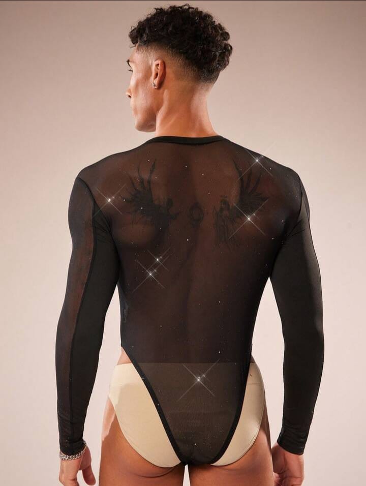 Men's Round Neck Long Sleeve Mesh Patchwork Sheer Bodysuit